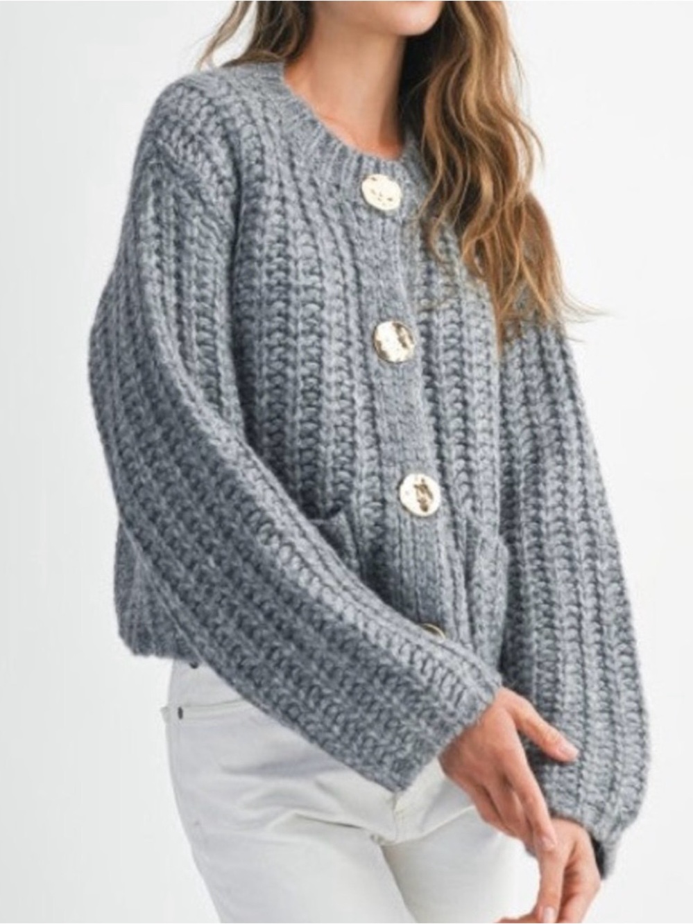 Mable Chunky Knit Grey Sweater with Gold Buttons